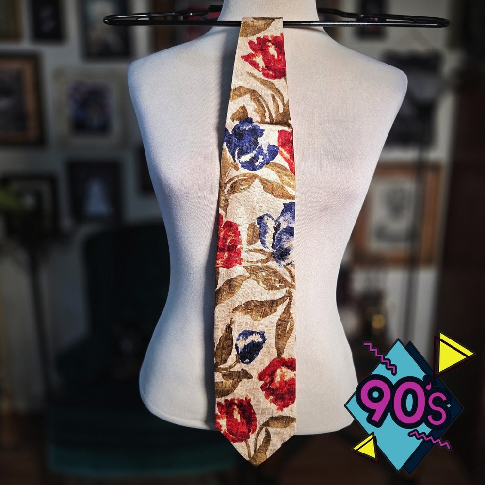Vintage 90s Tie Structure La Collezione Italian Silk Floral Tan Red Blue Mens